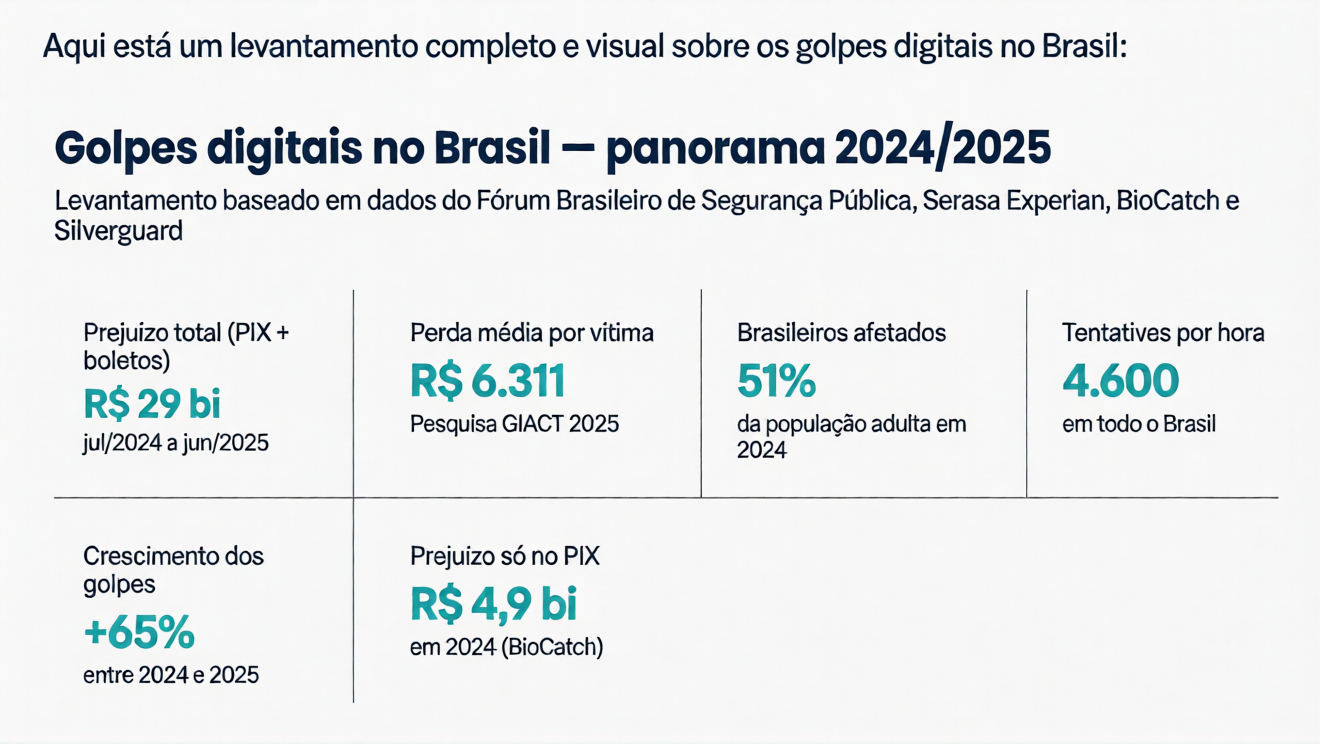 Infográfico com panorama de golpes digitais no Brasil 2024/2025: prejuízo total de 29 bilhões de reais, perda média de R$ 6.311 por vítima e 4.600 tentativas por hora.