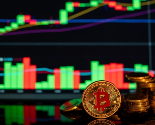 Moeda física representando Bitcoin sobre gráfico de cotação, ilustrando golpe de investimento em criptoativos e exchange internacional