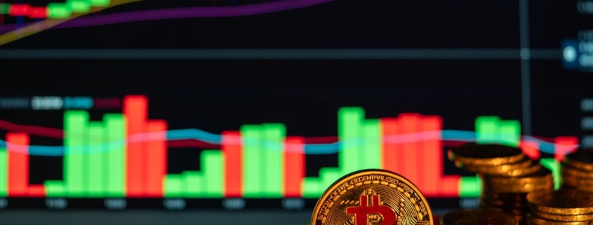 Moeda física representando Bitcoin sobre gráfico de cotação, ilustrando golpe de investimento em criptoativos e exchange internacional