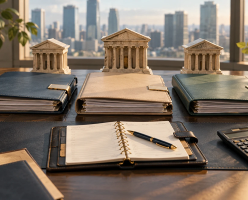 Pastas de contratos, agenda e calculadora diante de representações de três bancos.