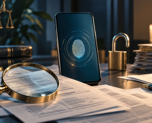 Celular com representação de impressão digital, lupa e documentos para análise de transações.