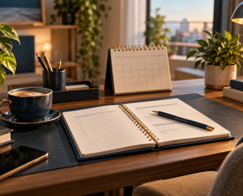 Calendário e caderno de orçamento em mesa de trabalho de profissional autônomo.