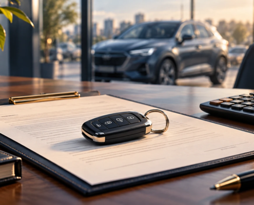 Chave de veículo sobre contrato, calculadora e carro desfocado ao fundo.