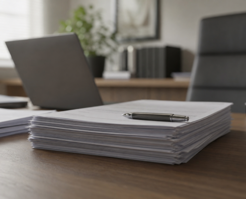 Documentos previdenciários e caneta em mesa de escritório.