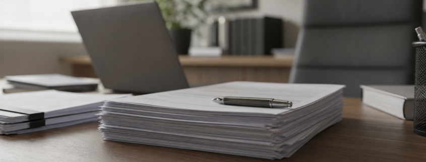 Documentos previdenciários e caneta em mesa de escritório.