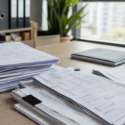 Documentos empresariais e notas fiscais sobre uma mesa de escritório, representando a defesa contra penhoras. Documentos empresariais e notas fiscais sobre uma mesa de escritório, representando a defesa contra penhoras.