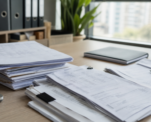 Documentos empresariais e notas fiscais sobre uma mesa de escritório, representando a defesa contra penhoras.