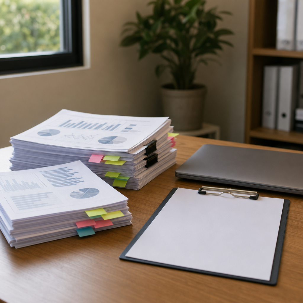Estudos científicos impressos organizados em pilhas com marcadores, ao lado de notebook e prancheta