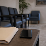 Sala de espera de clínica vazia com celular sobre a mesa, cena que ilustra o dano moral por negativa de cobertura do plano de saúde Sala de espera de clínica vazia com celular sobre a mesa, cena que ilustra o dano moral por negativa de cobertura do plano de saúde