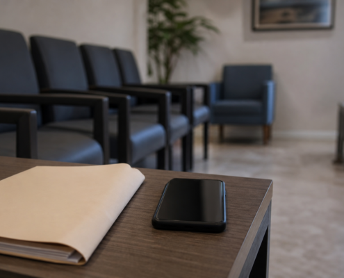 Sala de espera de clínica vazia com celular sobre a mesa, cena que ilustra o dano moral por negativa de cobertura do plano de saúde