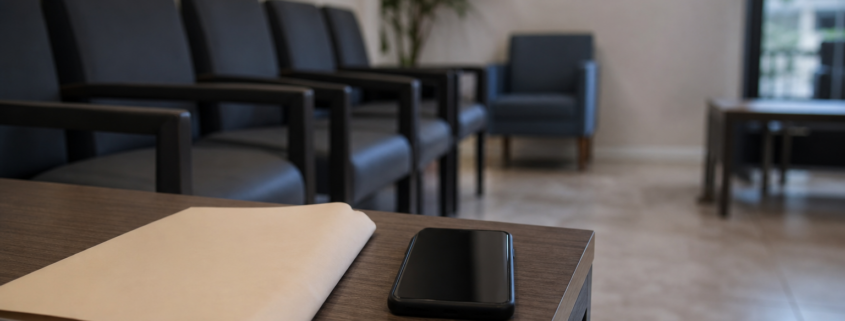 Sala de espera de clínica vazia com celular sobre a mesa, cena que ilustra o dano moral por negativa de cobertura do plano de saúde
