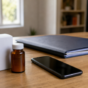 Celular sobre mesa ao lado de caixa de medicamento importado e pasta de documentos, representando a importação excepcional da Anvisa e a negativa do plano Celular sobre mesa ao lado de caixa de medicamento importado e pasta de documentos, representando a importação excepcional da Anvisa e a negativa do plano