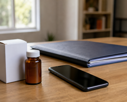 Celular sobre mesa ao lado de caixa de medicamento importado e pasta de documentos, representando a importação excepcional da Anvisa e a negativa do plano