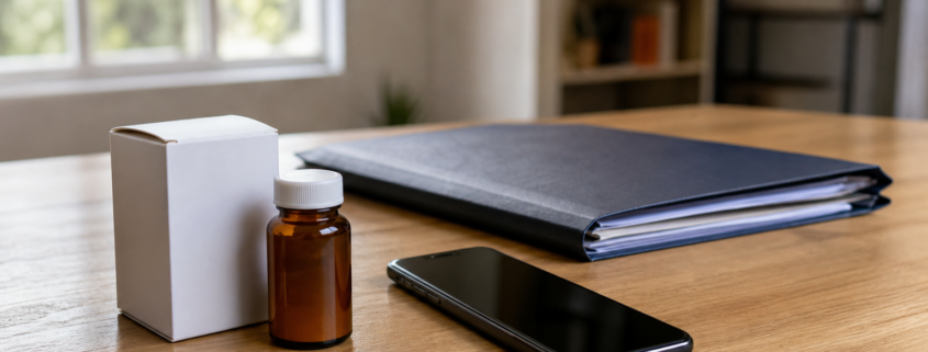 Celular sobre mesa ao lado de caixa de medicamento importado e pasta de documentos, representando a importação excepcional da Anvisa e a negativa do plano