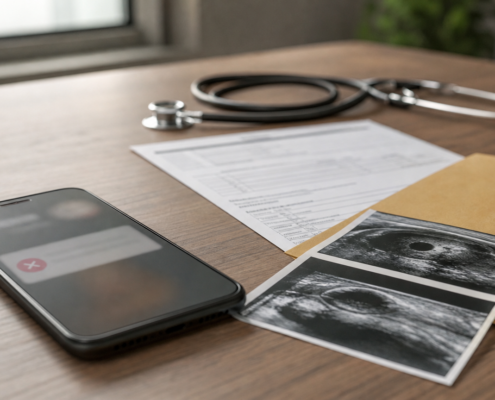 Liminar contra plano de saúde: celular com aviso de negativa ao lado de pedido médico e pasta de exames sobre mesa