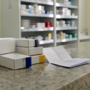 Caixas de medicamento pelo SUS e receita sem dados legíveis sobre balcão de farmácia pública Caixas de medicamento pelo SUS e receita sem dados legíveis sobre balcão de farmácia pública
