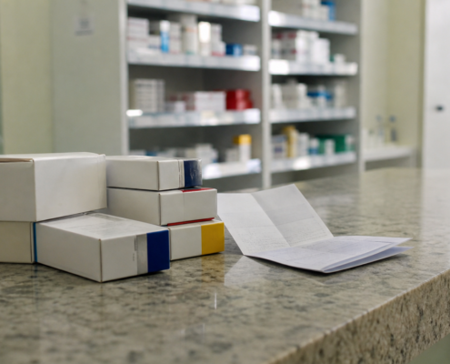 Caixas de medicamento pelo SUS e receita sem dados legíveis sobre balcão de farmácia pública