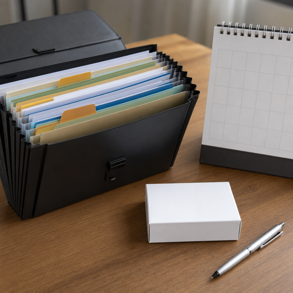 Mesa com pasta de documentos médicos organizados por divisórias, caixa de medicamento sem rótulo e calendário