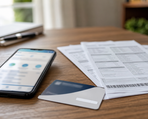 Mesa com celular exibindo aplicativo de plano de saúde, carteirinha sem dados legíveis e boletos de mensalidade, representando um plano cancelado por inadimplência