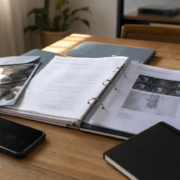 Mesa com relatórios médicos sem dados legíveis e celular, organização da prova para provar dano moral contra plano de saúde Mesa com relatórios médicos sem dados legíveis e celular, organização da prova para provar dano moral contra plano de saúde