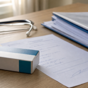 Mesa com receita médica genérica, caixa de medicamento e pasta de documentos para pedido de tratamento fora do rol da ANS Mesa com receita médica genérica, caixa de medicamento e pasta de documentos para pedido de tratamento fora do rol da ANS