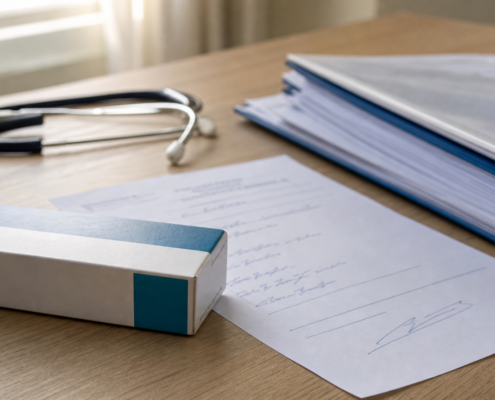 Mesa com receita médica genérica, caixa de medicamento e pasta de documentos para pedido de tratamento fora do rol da ANS