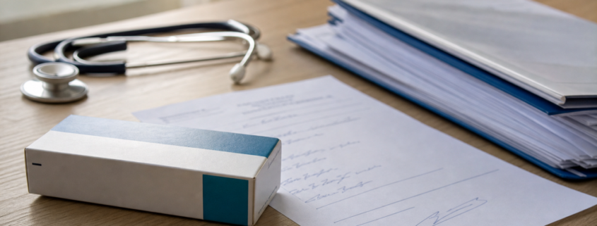 Mesa com receita médica genérica, caixa de medicamento e pasta de documentos para pedido de tratamento fora do rol da ANS